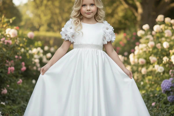 Round Neck Short 3D Floral Sleeve White Satin Midi Flower Girl Dresses
