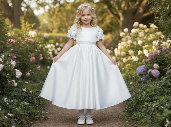 Round Neck Short 3D Floral Sleeve White Satin Midi Flower Girl Dresses