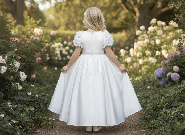 Round Neck Short 3D Floral Sleeve White Satin Midi Flower Girl Dresses