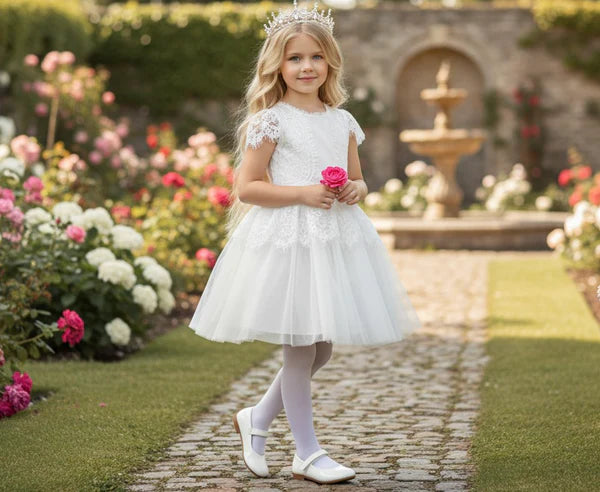 Round Neck Short Lace Sleeve White Lace Tulle Short First Communion Dresses