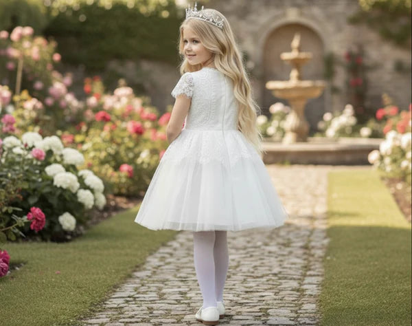 Round Neck Short Lace Sleeve White Lace Tulle Short First Communion Dresses