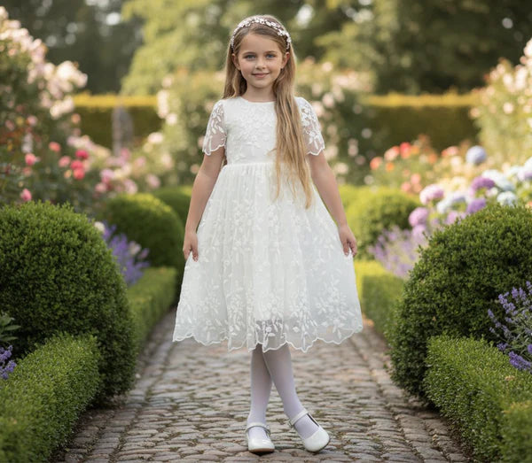 Round Neck Short Lace Sleeve White Midi Empire Waist First Communion Dresses