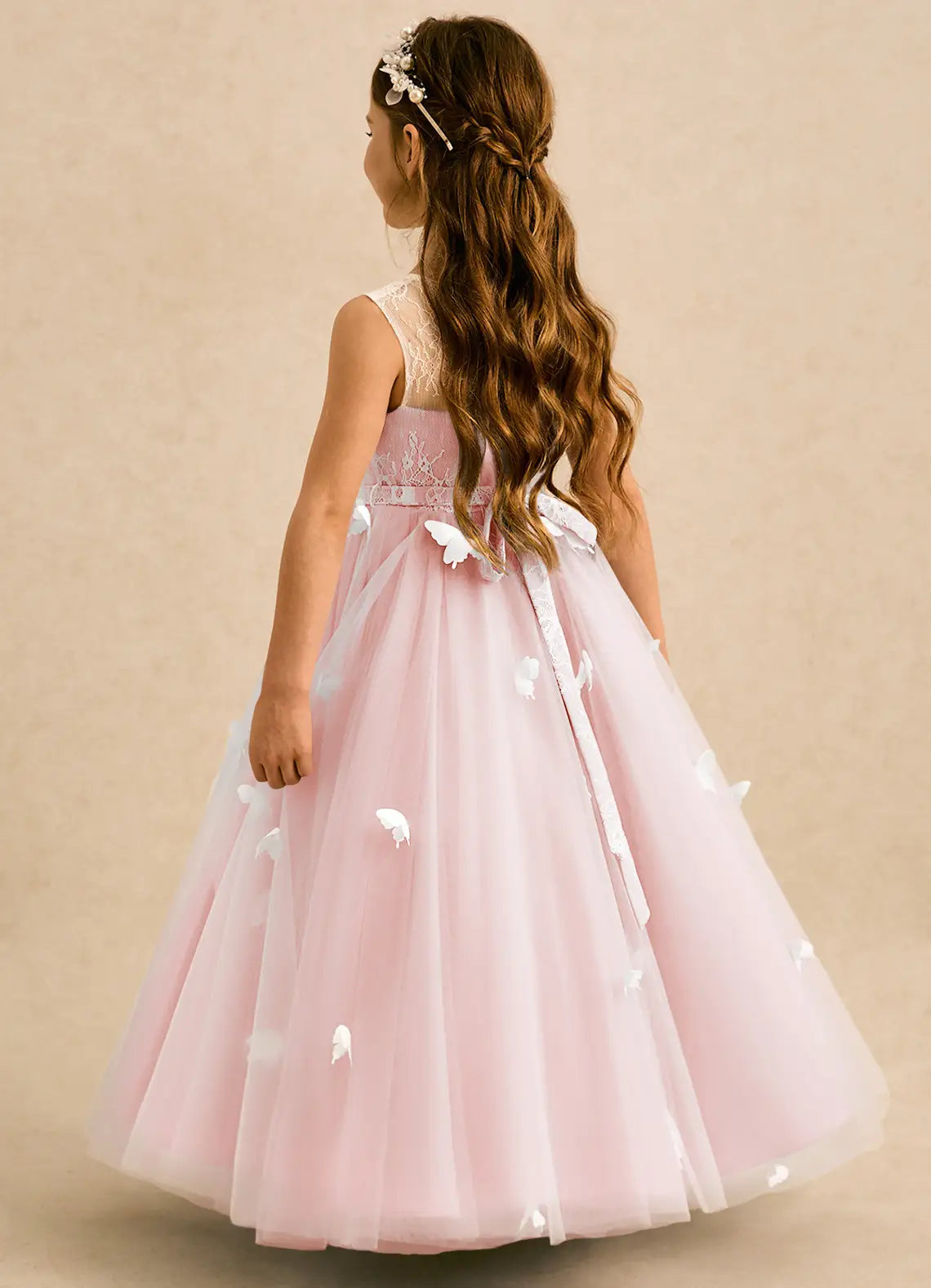 Round Neck Sleeveless Blush Lace Tulle Full-Length Flower Girl Dresses with 3D Butterfly Appliques and Back Lace Bow Sash