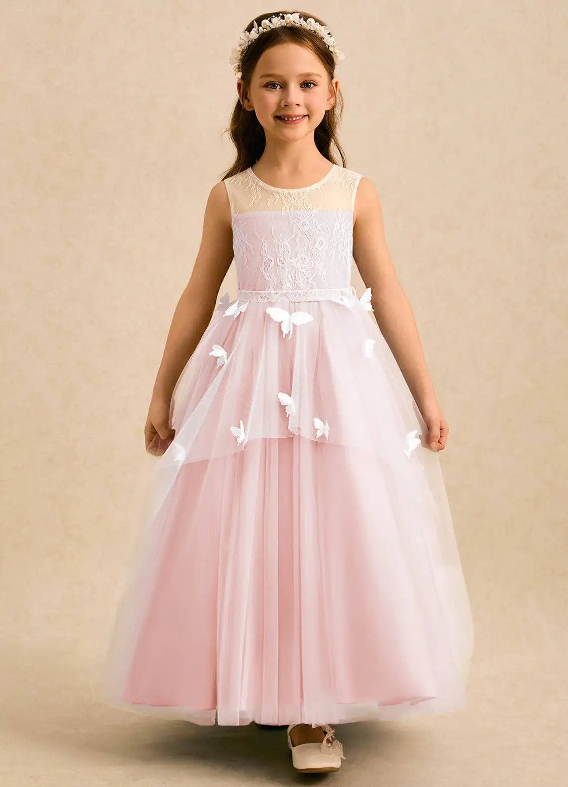 Round Neck Sleeveless Blush Lace Tulle Full-Length Flower Girl Dresses with 3D Butterfly Appliques and Back Lace Bow Sash