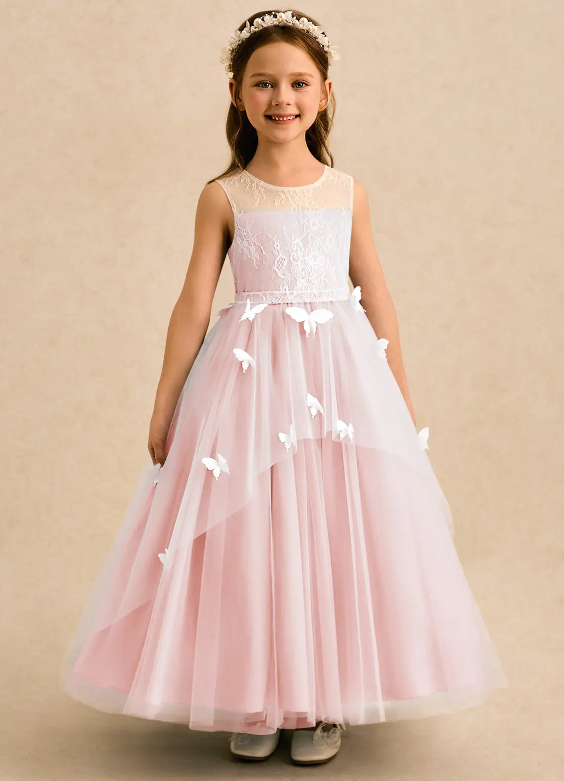 Round Neck Sleeveless Blush Lace Tulle Full-Length Flower Girl Dresses with 3D Butterfly Appliques and Back Lace Bow Sash