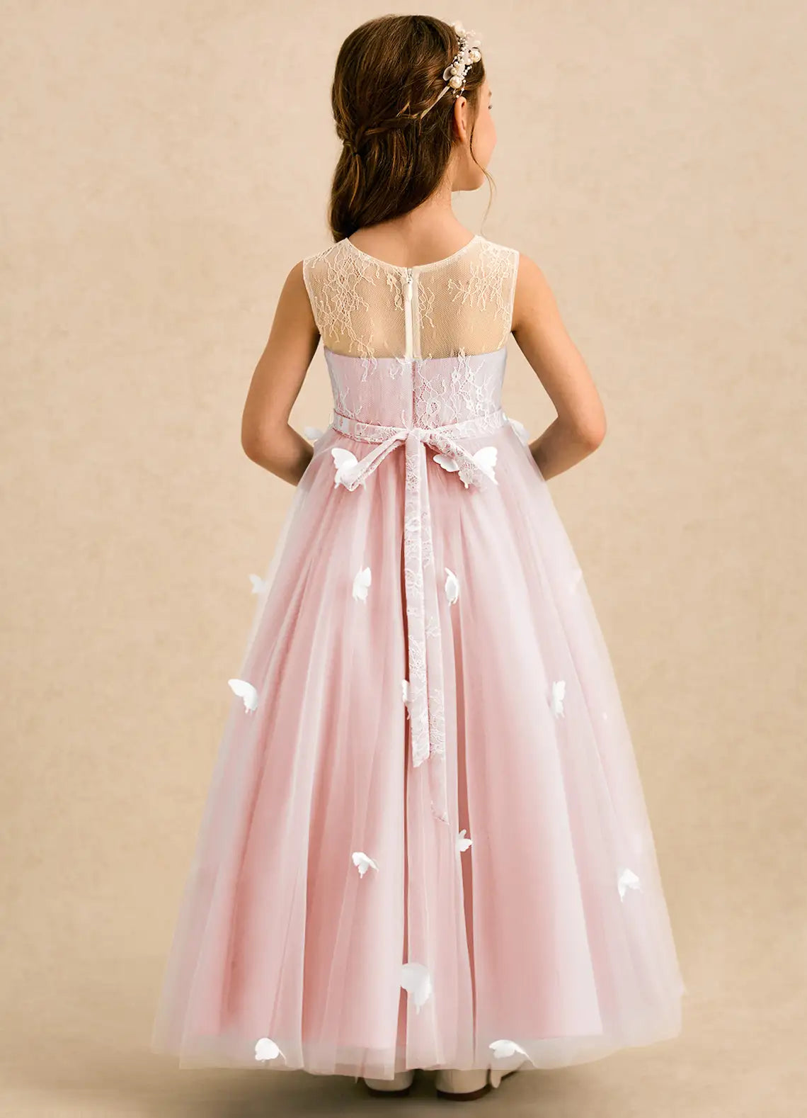 Round Neck Sleeveless Blush Lace Tulle Full-Length Flower Girl Dresses with 3D Butterfly Appliques and Back Lace Bow Sash