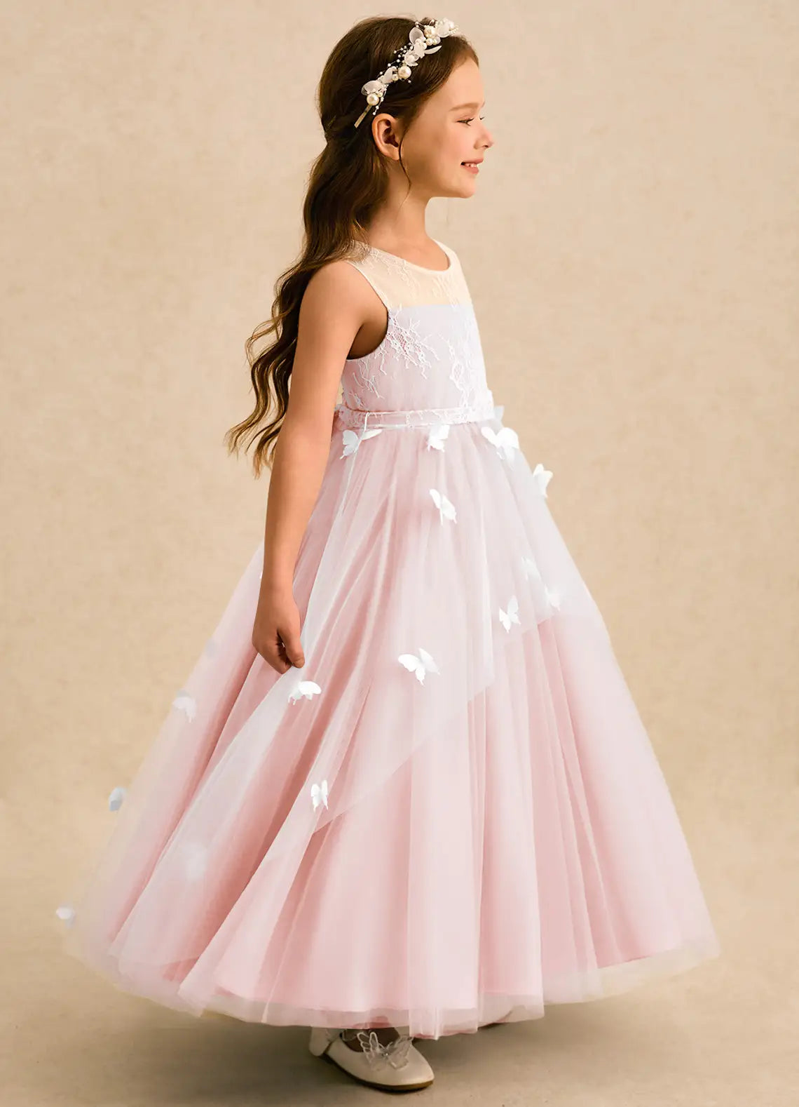 Round Neck Sleeveless Blush Lace Tulle Full-Length Flower Girl Dresses with 3D Butterfly Appliques and Back Lace Bow Sash