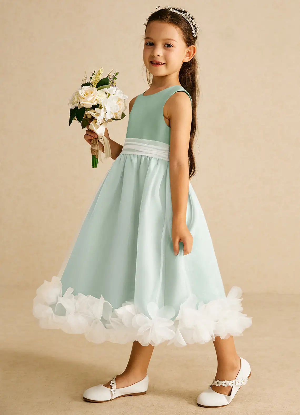 Round Neck Sleeveless Mint Chiffon Midi-Length Flower Girl Dresses with White Waist Sash and Petal Hem