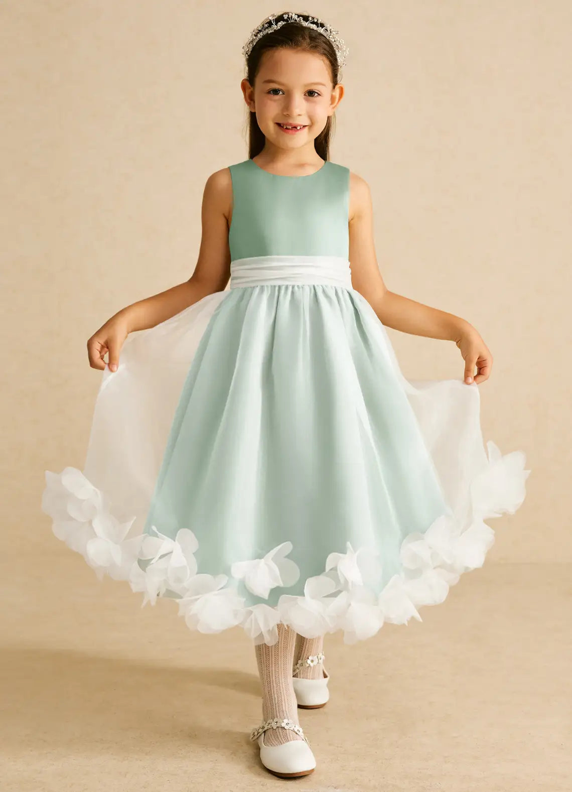 Round Neck Sleeveless Mint Chiffon Midi-Length Flower Girl Dresses with White Waist Sash and Petal Hem