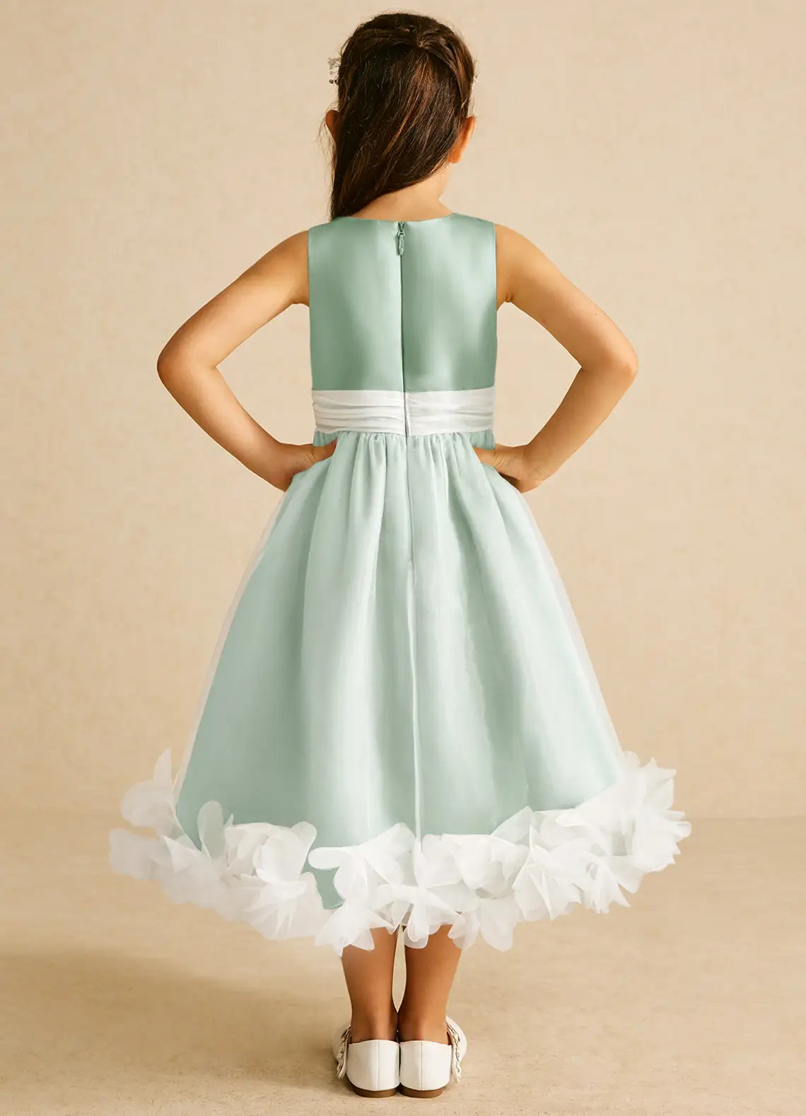 Round Neck Sleeveless Mint Chiffon Midi-Length Flower Girl Dresses with White Waist Sash and Petal Hem