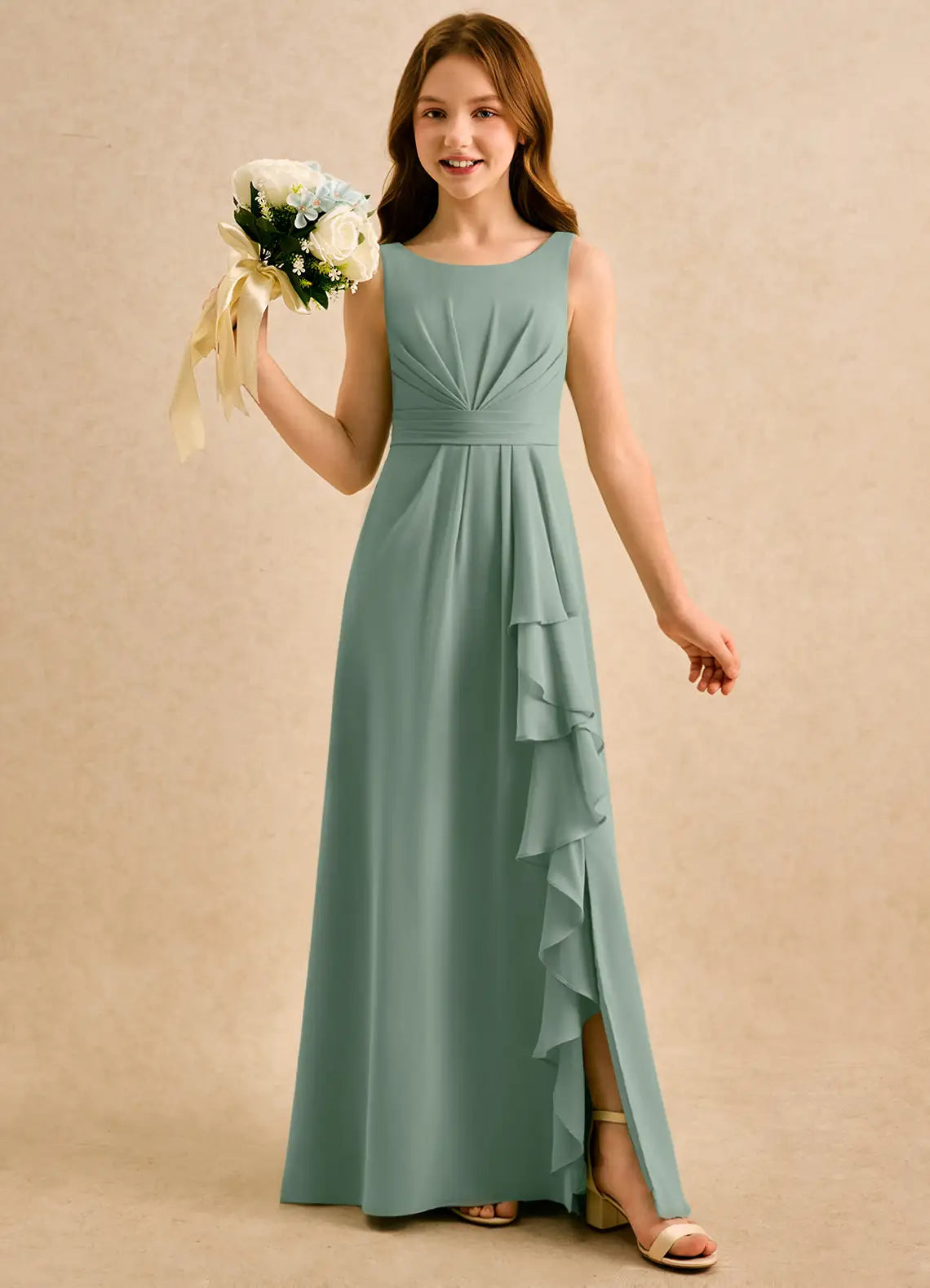 Round Neck Sleeveless Sage Green Chiffon Full-Length Junior Bridesmaid Dresses with Cascading Ruffle and Side Slit