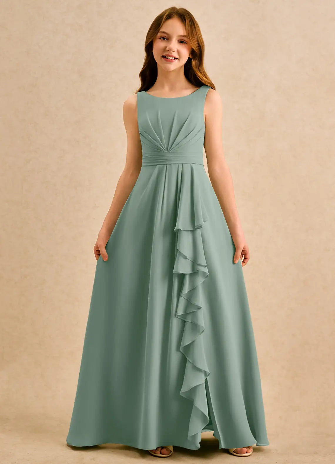 Round Neck Sleeveless Sage Green Chiffon Full-Length Junior Bridesmaid Dresses with Cascading Ruffle and Side Slit