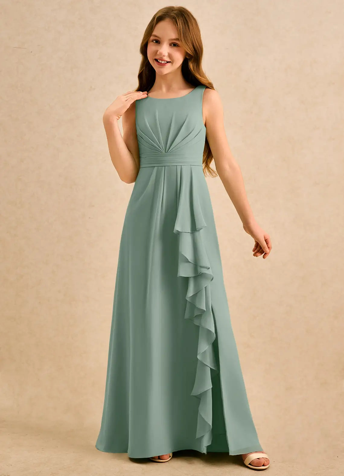 Round Neck Sleeveless Sage Green Chiffon Full-Length Junior Bridesmaid Dresses with Cascading Ruffle and Side Slit