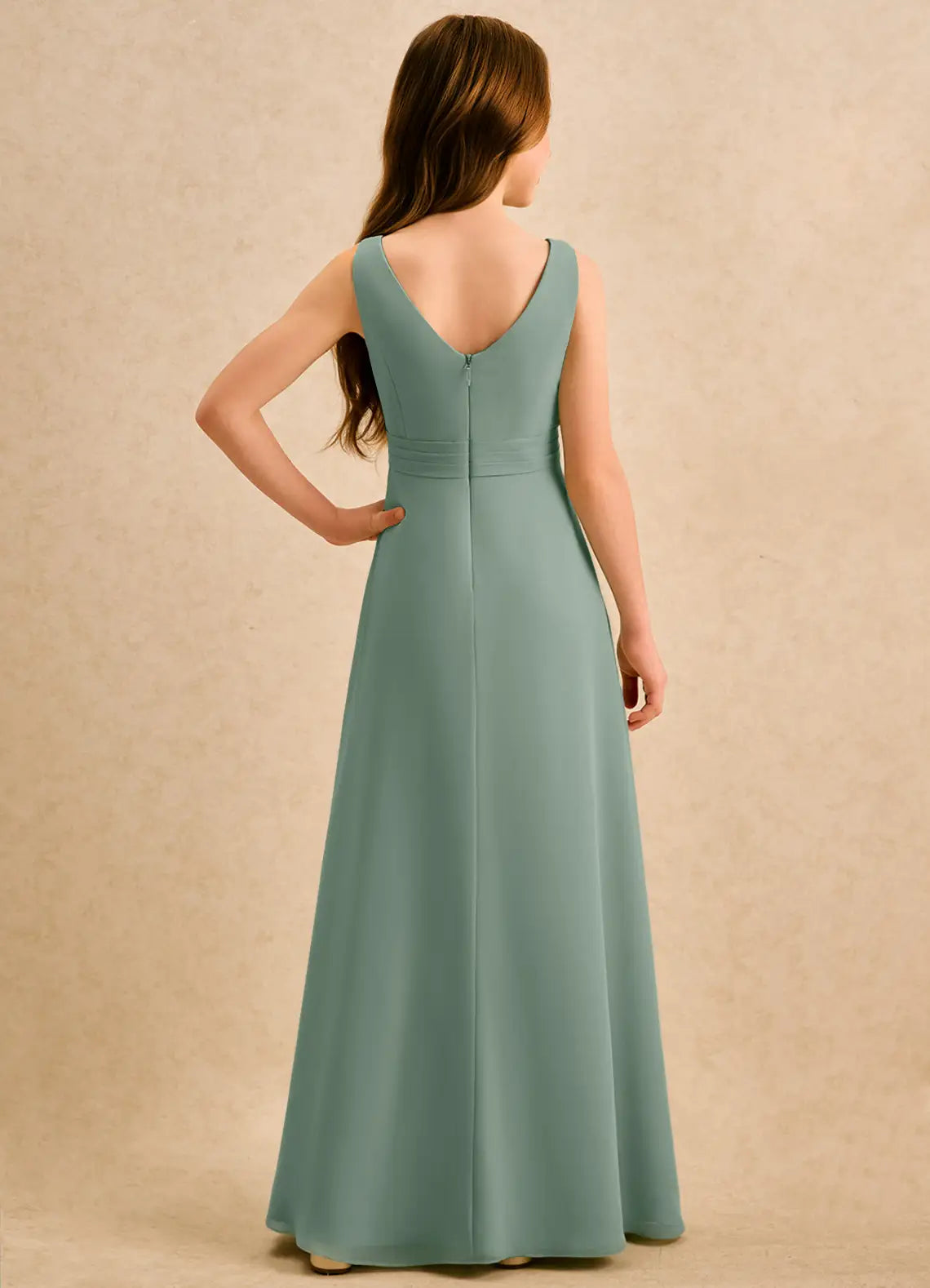 Round Neck Sleeveless Sage Green Chiffon Full-Length Junior Bridesmaid Dresses with Cascading Ruffle and Side Slit