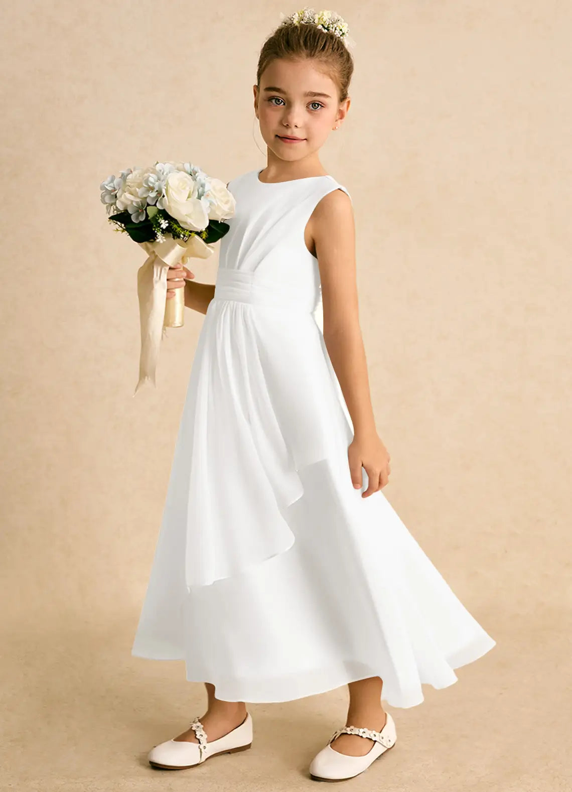 Round Neck Sleeveless White Chiffon Ankle-Length Flower Girl Dresses with Asymmetrical Overlay Skirt