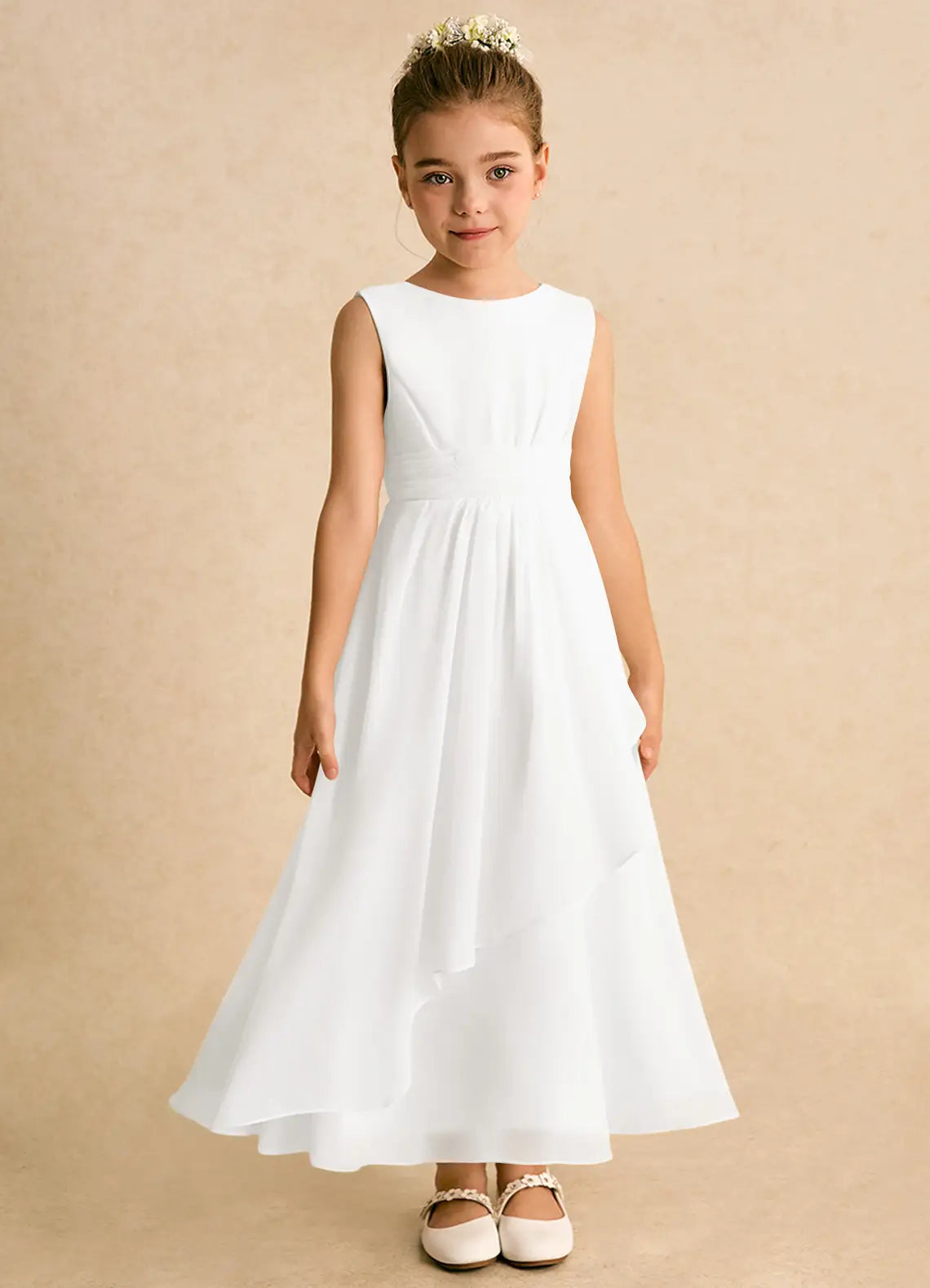 Round Neck Sleeveless White Chiffon Ankle-Length Flower Girl Dresses with Asymmetrical Overlay Skirt