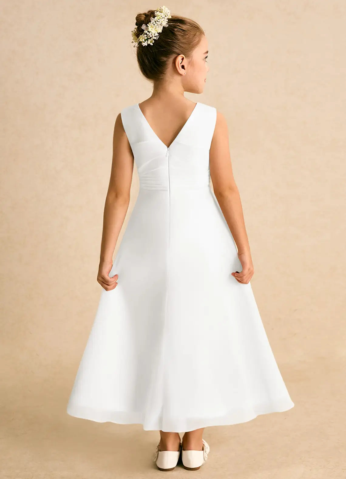 Round Neck Sleeveless White Chiffon Ankle-Length Flower Girl Dresses with Asymmetrical Overlay Skirt