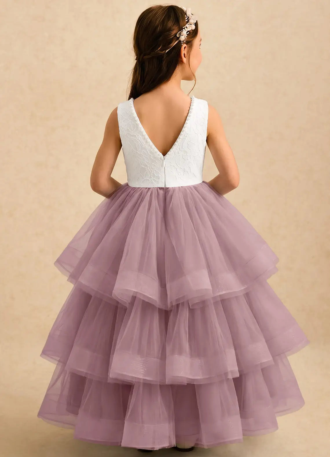 Round Neck Sleeveless White Lace Bodice Dusty Lavender Tiered Tulle Full-Length Flower Girl Dresses with V Back
