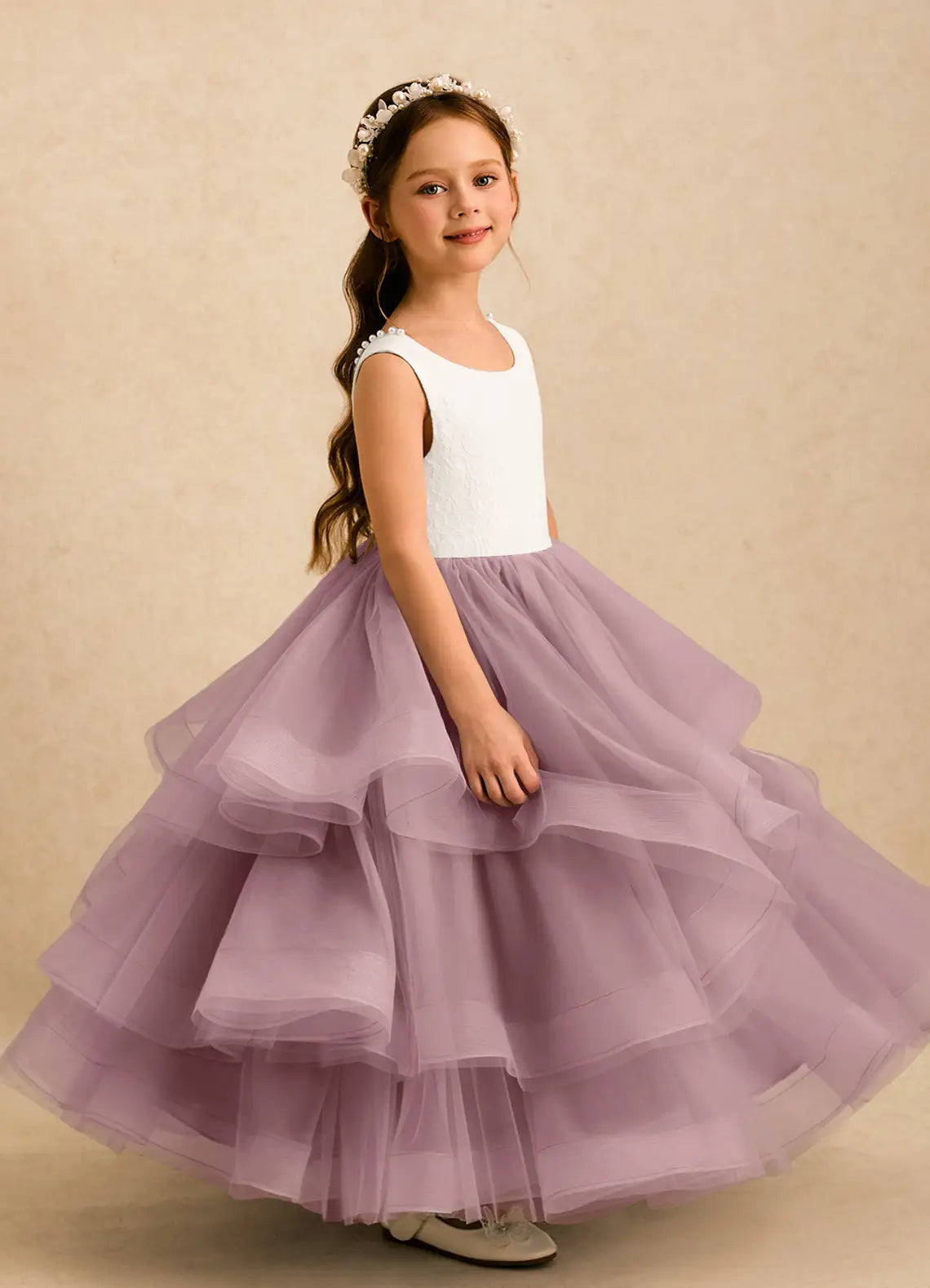 Round Neck Sleeveless White Lace Bodice Dusty Lavender Tiered Tulle Full-Length Flower Girl Dresses with V Back