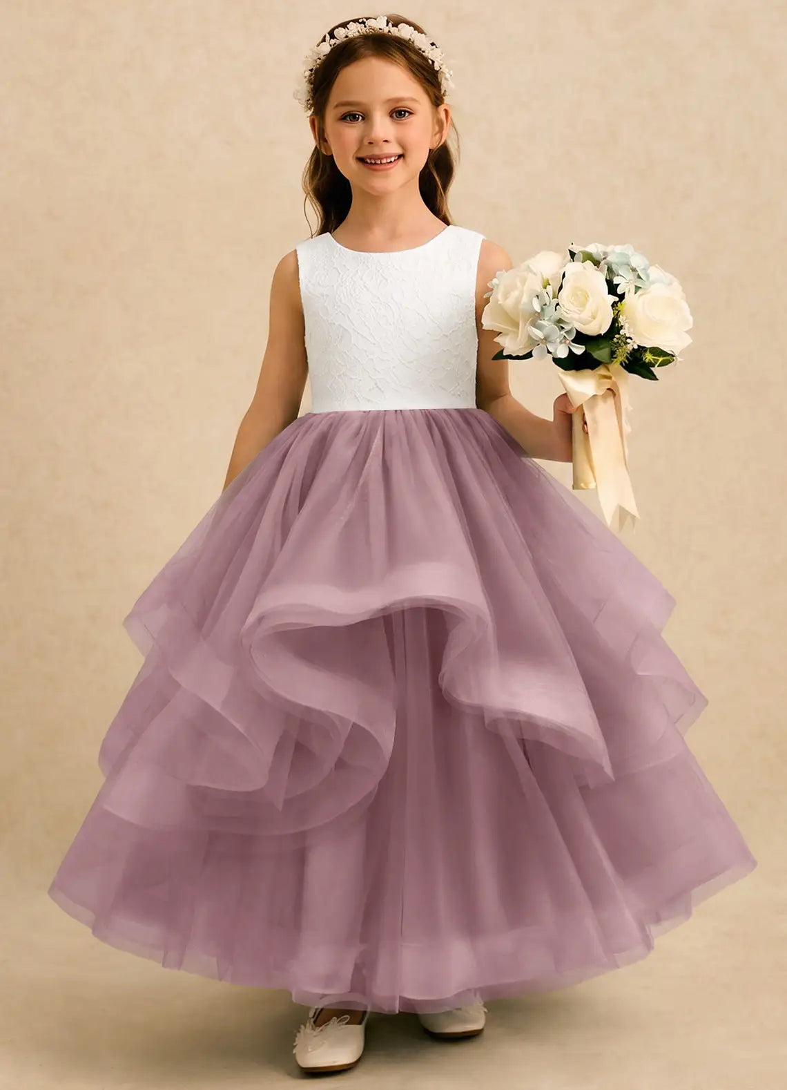 Round Neck Sleeveless White Lace Bodice Dusty Lavender Tiered Tulle Full-Length Flower Girl Dresses with V Back
