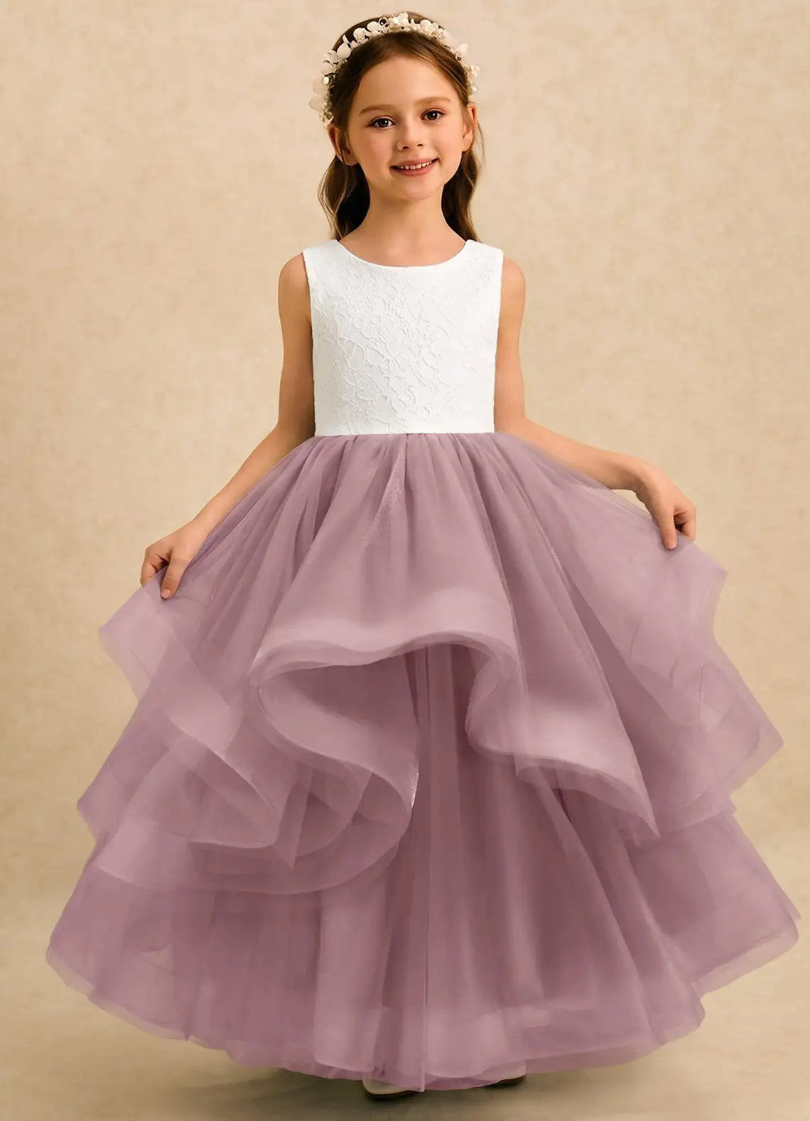 Round Neck Sleeveless White Lace Bodice Dusty Lavender Tiered Tulle Full-Length Flower Girl Dresses with V Back