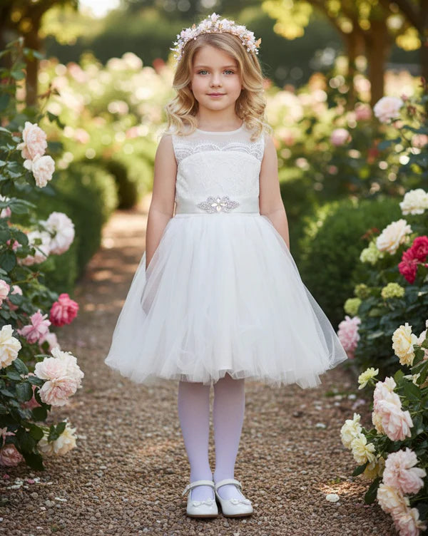 Round Neck Sleeveless White Lace Tulle Short First Communion Dresses
