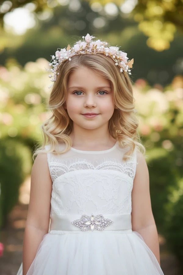 Round Neck Sleeveless White Lace Tulle Short First Communion Dresses
