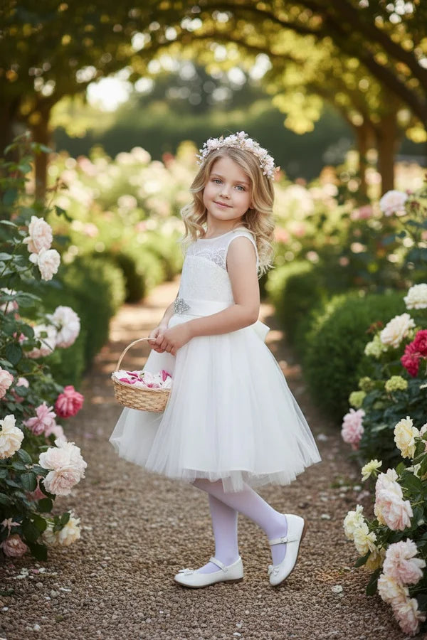 Round Neck Sleeveless White Lace Tulle Short First Communion Dresses