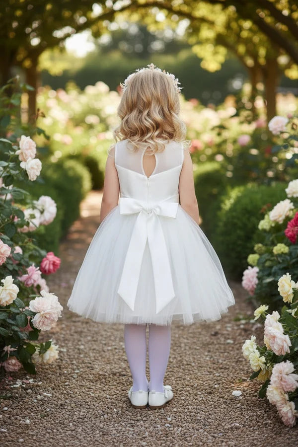 Round Neck Sleeveless White Lace Tulle Short First Communion Dresses