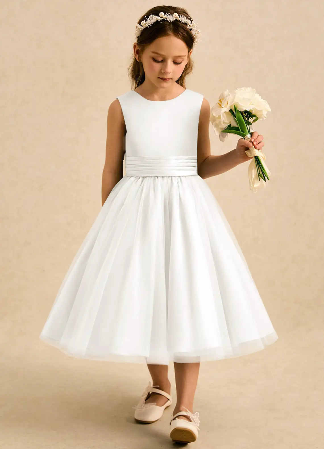 Round Neck Sleeveless White Satin Tulle Midi-Length Flower Girl Dresses with V Back Rose Bow