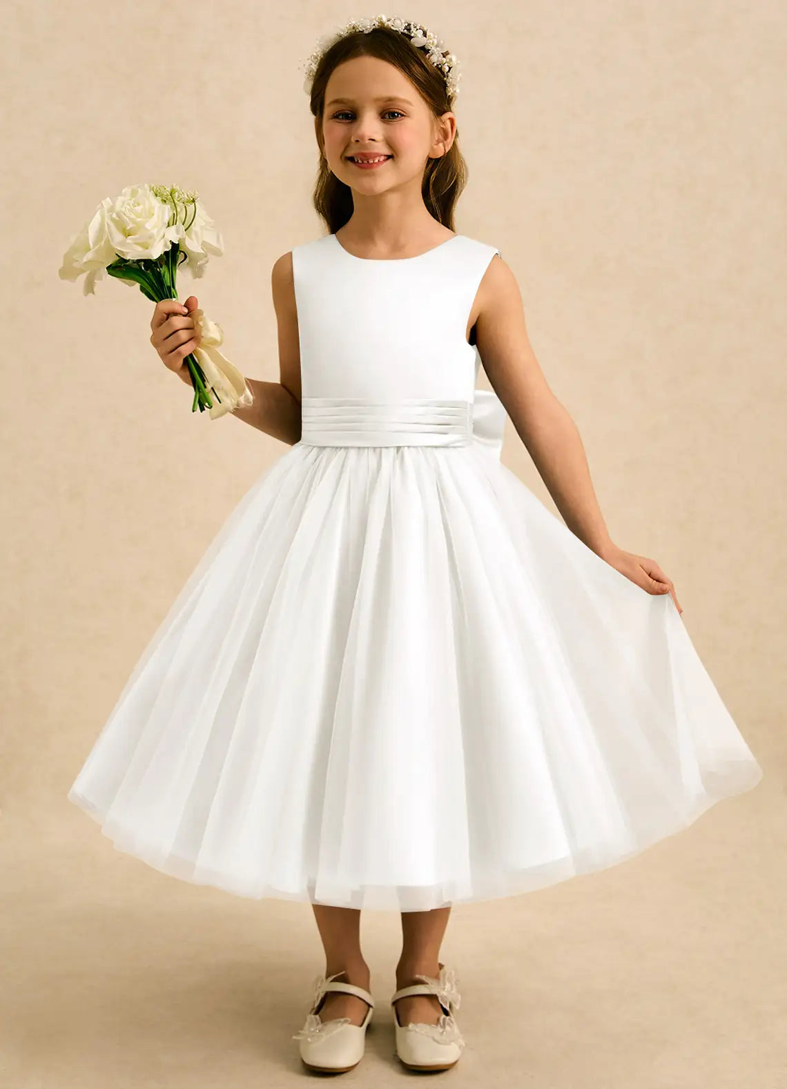 Round Neck Sleeveless White Satin Tulle Midi-Length Flower Girl Dresses with V Back Rose Bow