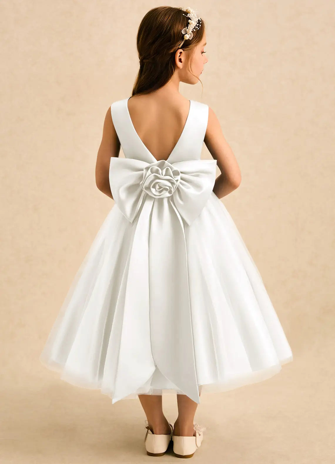Round Neck Sleeveless White Satin Tulle Midi-Length Flower Girl Dresses with V Back Rose Bow