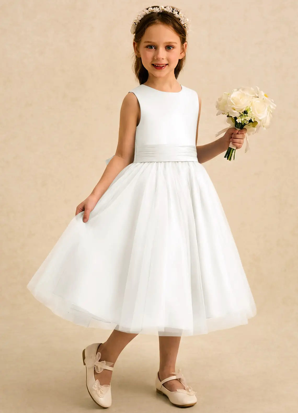 Round Neck Sleeveless White Satin Tulle Midi-Length Flower Girl Dresses with V Back Rose Bow