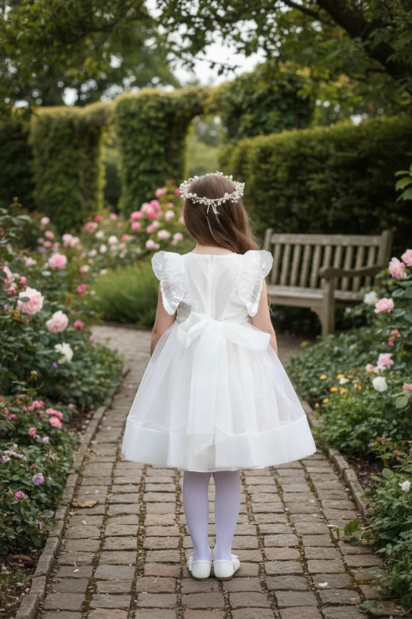 Round Neck Wing Ruffle Sleeveless White Tulle Short First Communion Dresses