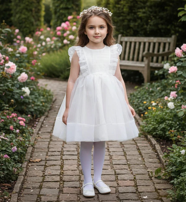 Round Neck Wing Ruffle Sleeveless White Tulle Short First Communion Dresses