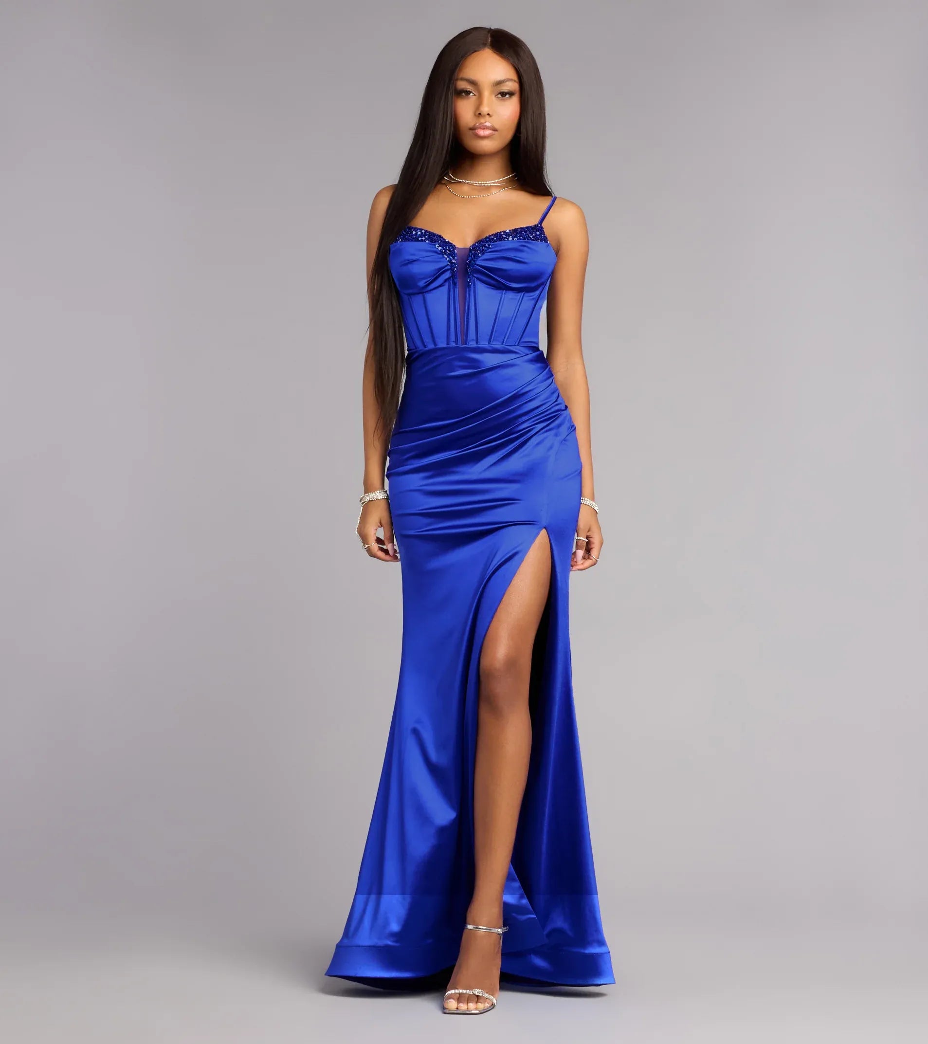 Royal Blue Spaghetti Strap Beaded Corset Ruched High Slit Mermaid Maxi Wedding Guest Dress