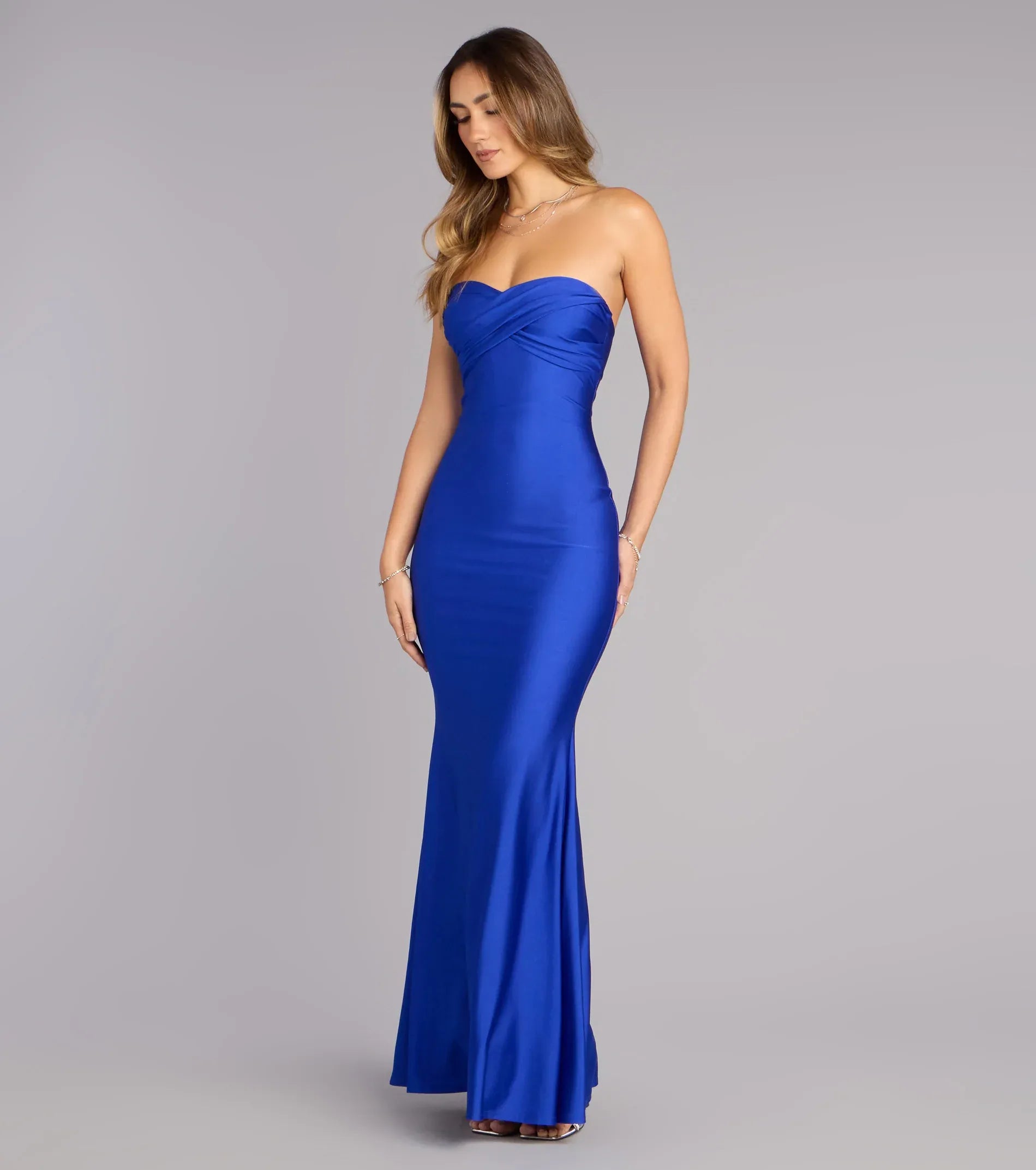 Royal Blue Strapless Cross Twist Sweetheart Mermaid Maxi Wedding Guest Dress