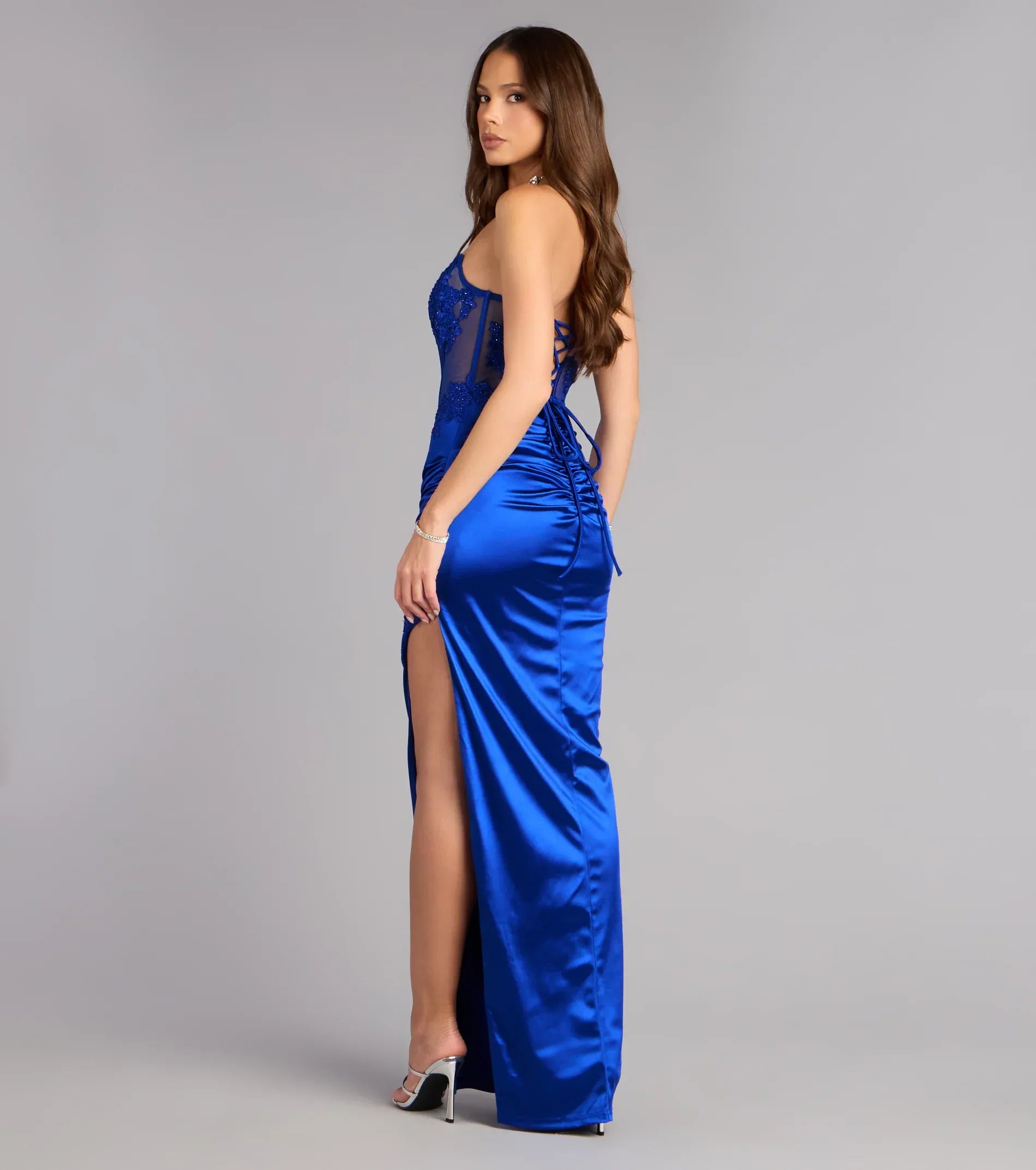 Royal Blue Strapless Floral Lace Corset Ruched High Slit Lace Up Mermaid Maxi Wedding Guest Dress