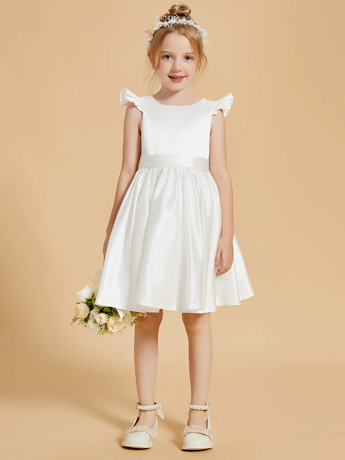 Ruffle Cap Sleeve Pearl Trim V Back Big Satin Bow White Satin Knee Length Flower Girl Dresses