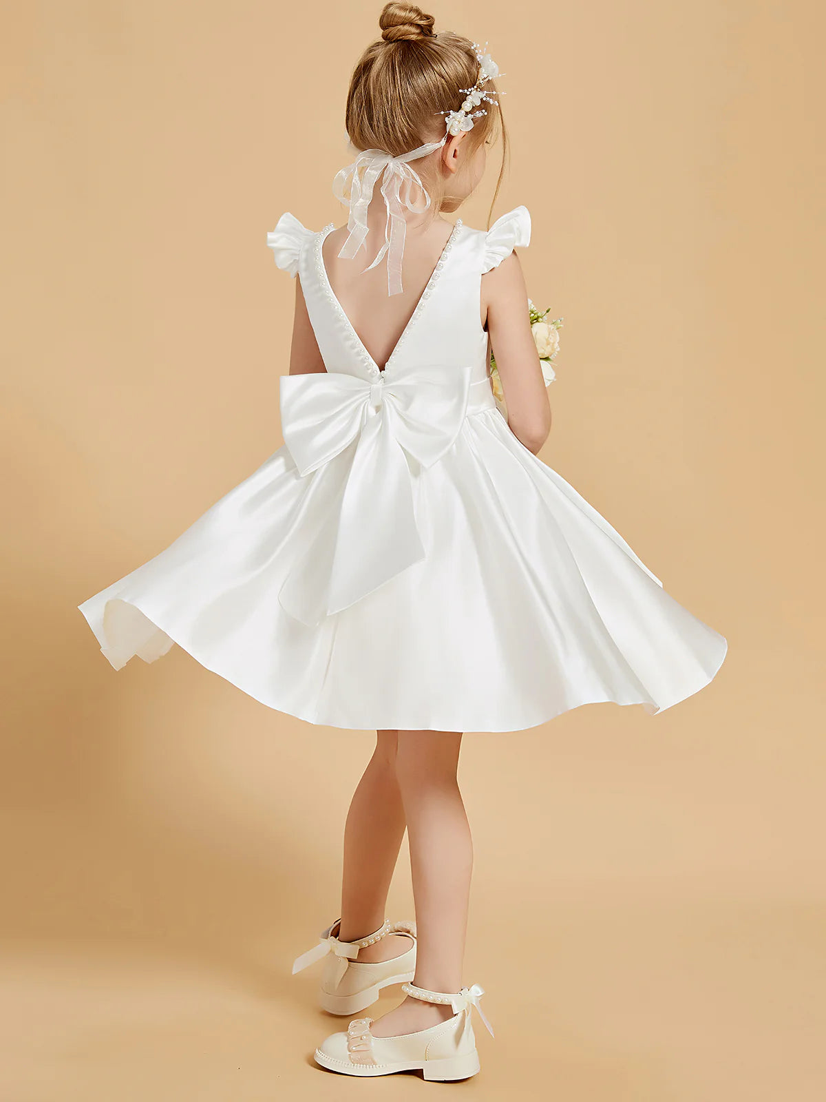 Ruffle Cap Sleeve Pearl Trim V Back Big Satin Bow White Satin Knee Length Flower Girl Dresses