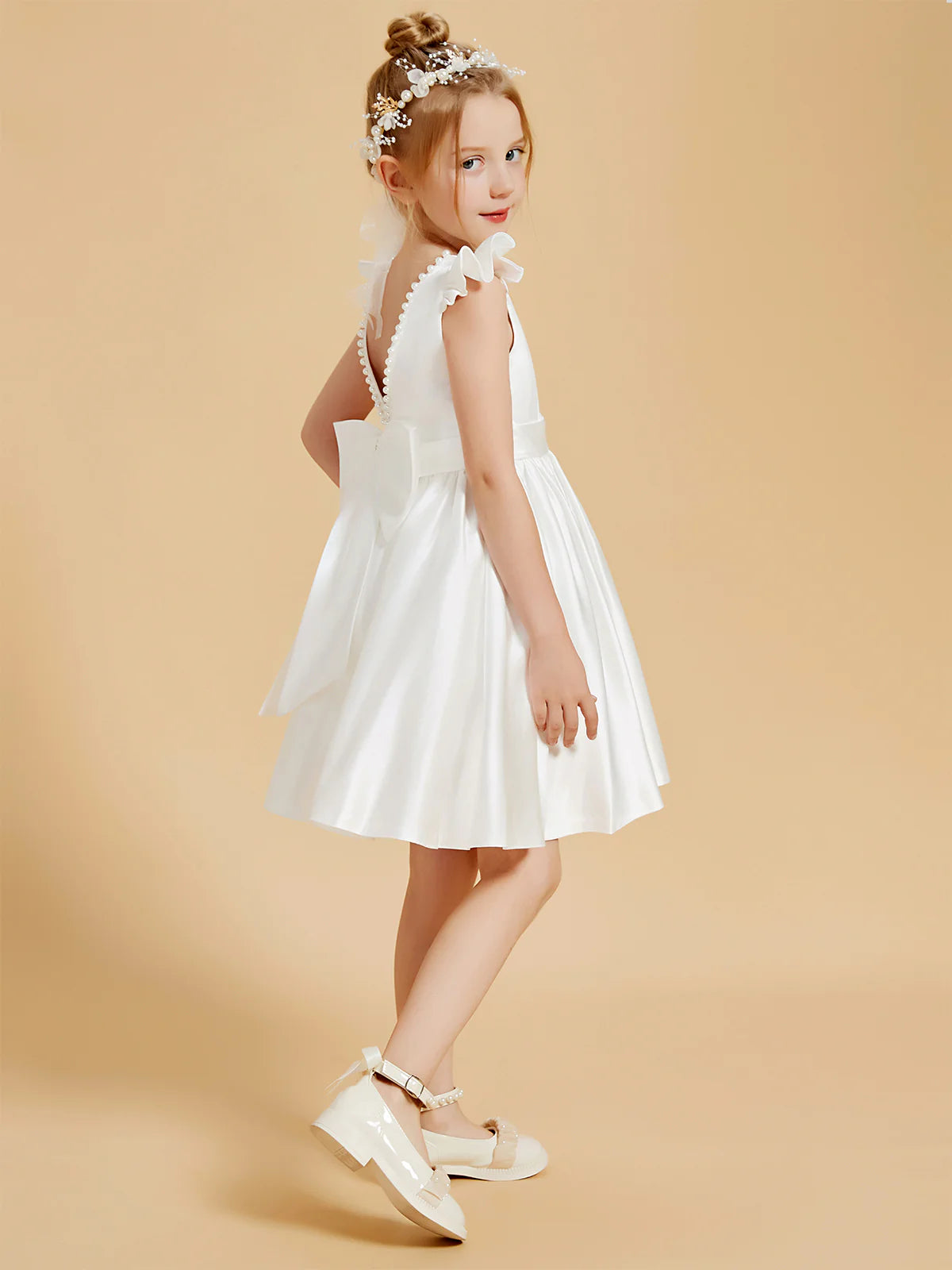 Ruffle Cap Sleeve Pearl Trim V Back Big Satin Bow White Satin Knee Length Flower Girl Dresses