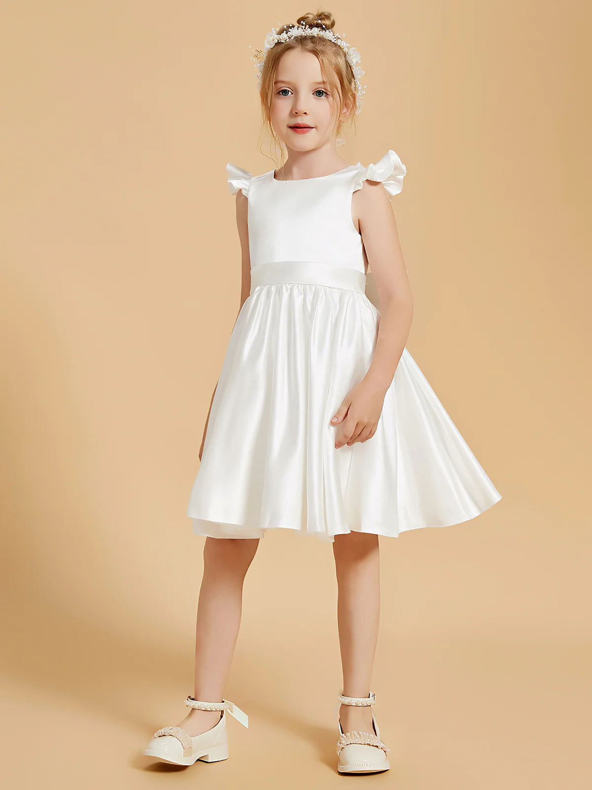 Ruffle Cap Sleeve Pearl Trim V Back Big Satin Bow White Satin Knee Length Flower Girl Dresses