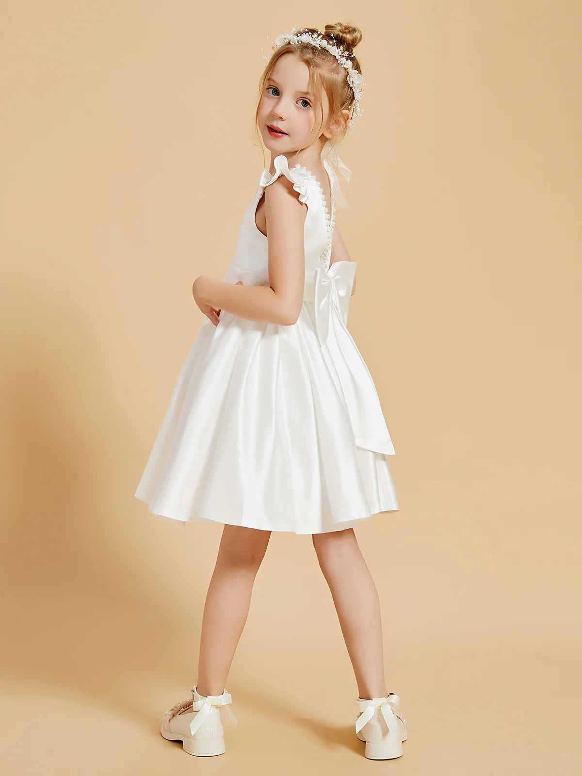 Ruffle Cap Sleeve Pearl Trim V Back Big Satin Bow White Satin Knee Length Flower Girl Dresses