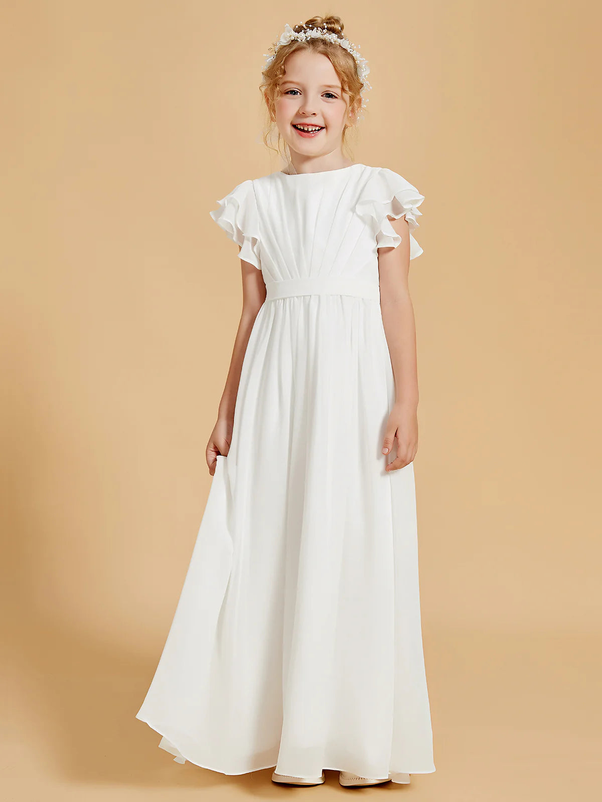 Ruffle Cap Sleeve Pleated Chiffon Floor Length White Back Bow Flower Girl Dresses