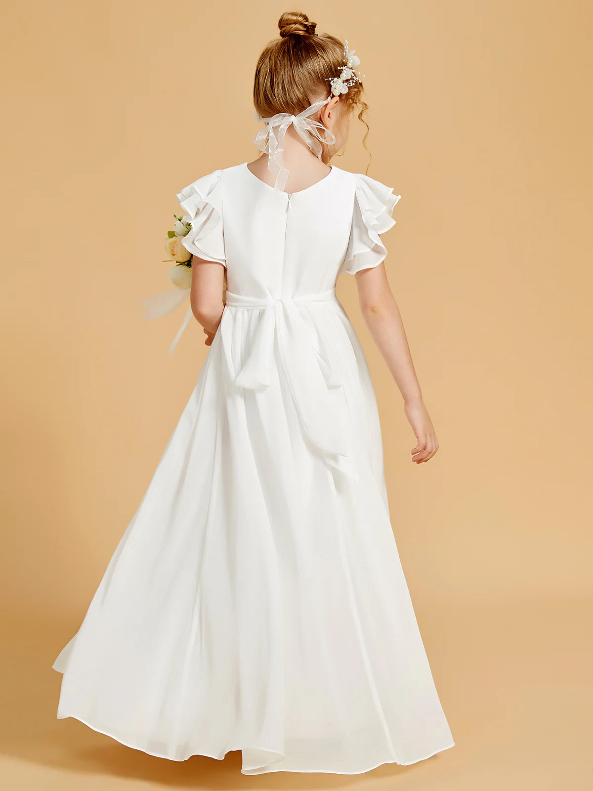 Ruffle Cap Sleeve Pleated Chiffon Floor Length White Back Bow Flower Girl Dresses