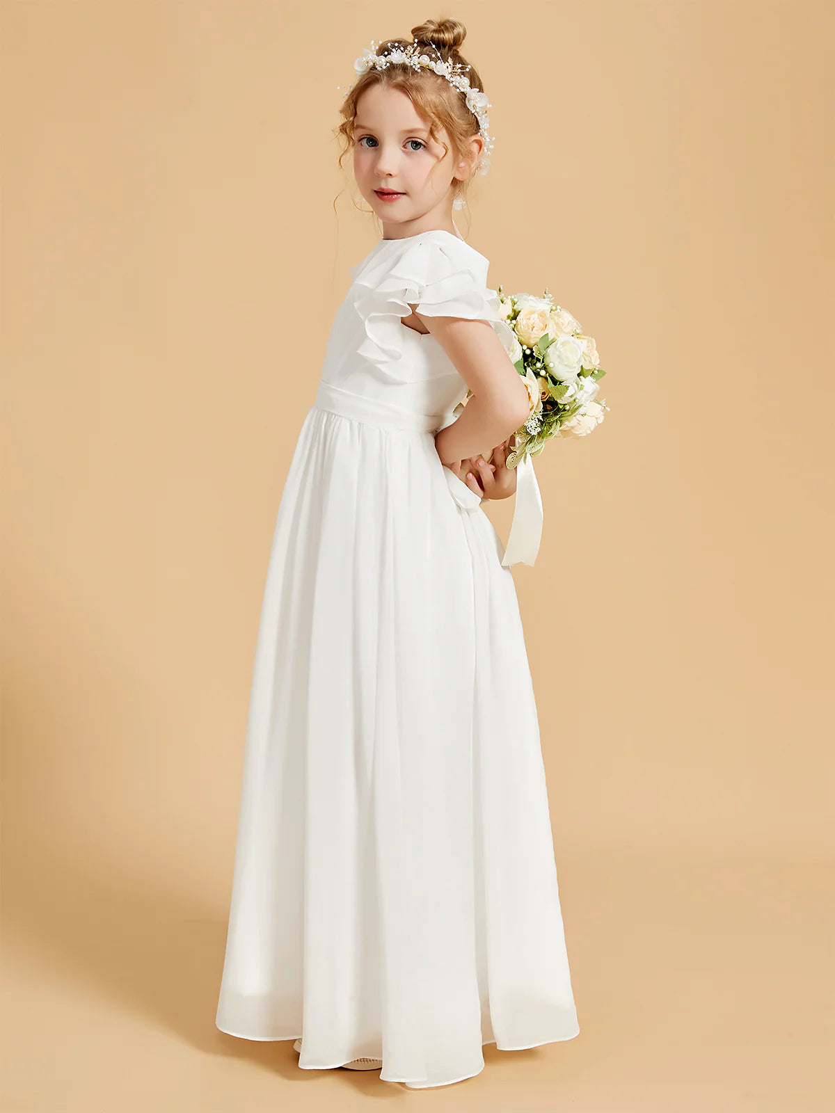 Ruffle Cap Sleeve Pleated Chiffon Floor Length White Back Bow Flower Girl Dresses