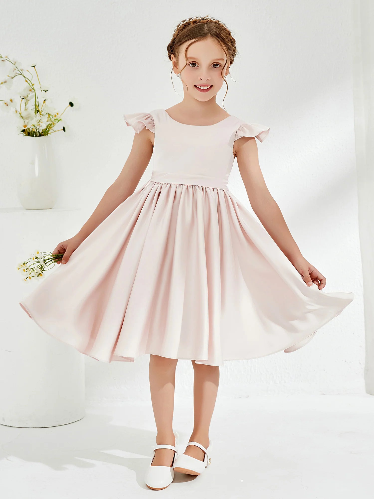 Ruffle Cap Sleeve Round Neck V Back Big Bow Blush Pink Satin Midi Length Flower Girl Dresses