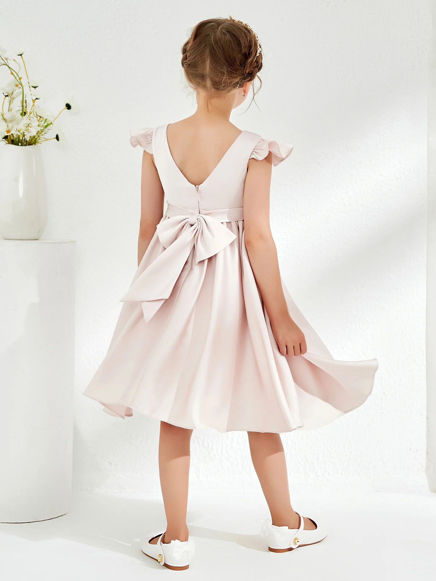 Ruffle Cap Sleeve Round Neck V Back Big Bow Blush Pink Satin Midi Length Flower Girl Dresses