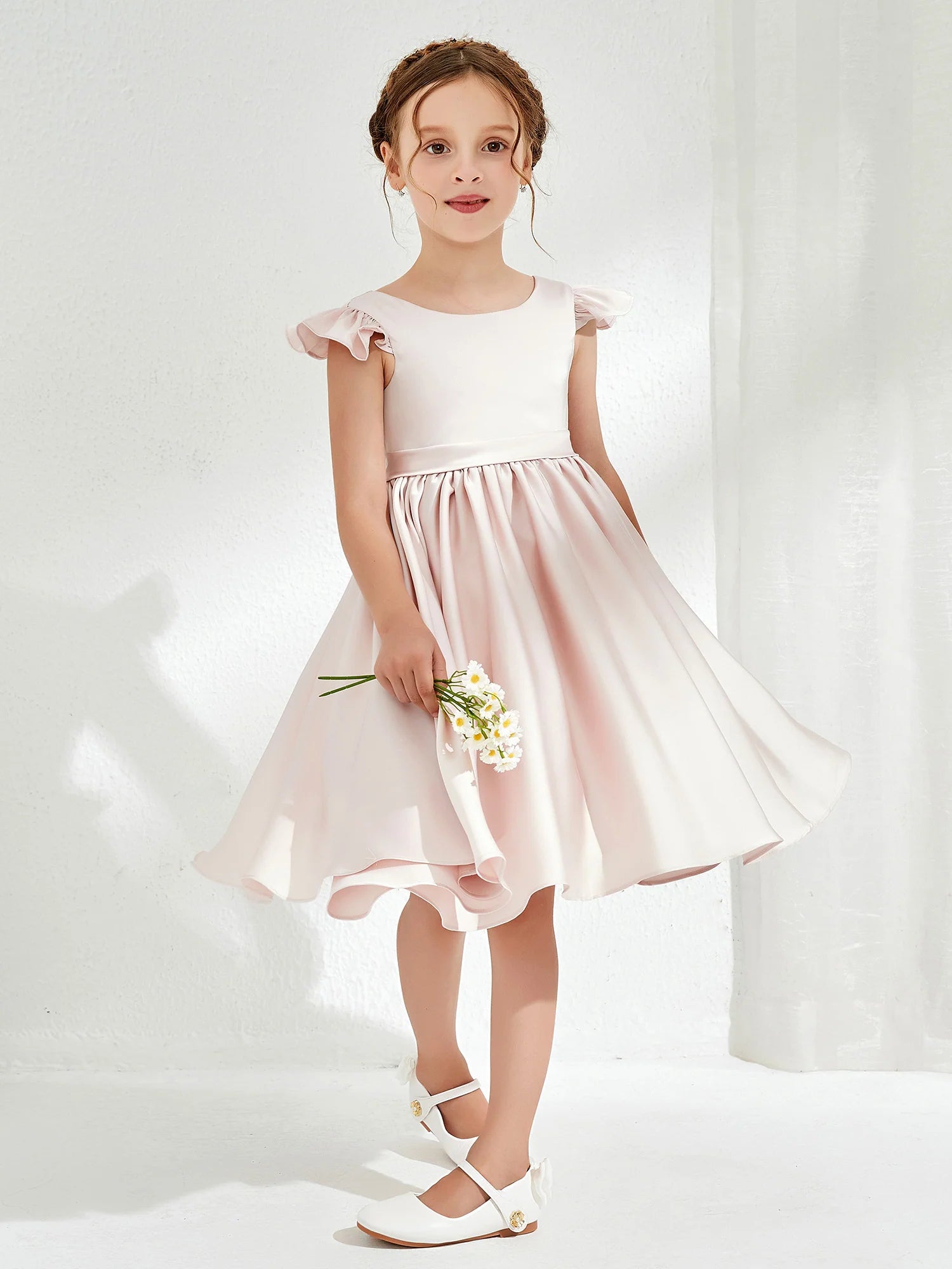 Ruffle Cap Sleeve Round Neck V Back Big Bow Blush Pink Satin Midi Length Flower Girl Dresses