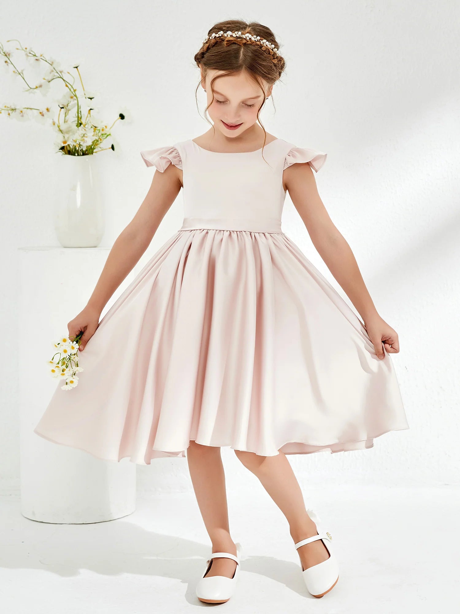 Ruffle Cap Sleeve Round Neck V Back Big Bow Blush Pink Satin Midi Length Flower Girl Dresses